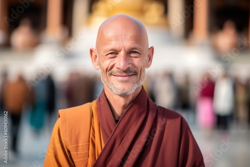 Portrait of a smiling senior Buddhist monk standing in front of the camera