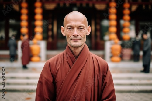Medium shot portrait photography of a satisfied man in his 40s that is wearing a chic cardigan against a peaceful buddhist temple with monks praying background . Generative AI