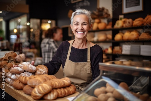 Medium shot portrait photography of a grinning woman in her 50s that is wearing a chic cardigan against a busy bakery with freshly baked goods and bakers at work background . Generative AI