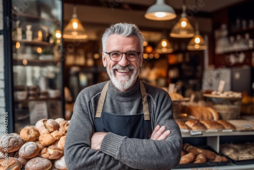 Medium shot portrait photography of a cheerful man in his 50s that is wearing a chic cardigan against a busy bakery with freshly baked goods and bakers at work background . Generative AI