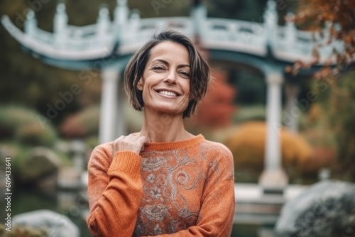 Medium shot portrait photography of a pleased woman in her 40s that is wearing a cozy sweater against a beautiful oriental garden with pagodas and bridges background . Generative AI