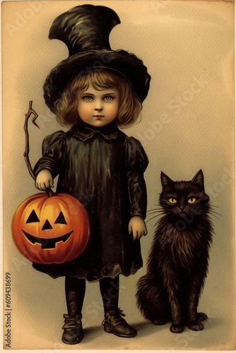 Little witch with pumpkin and black cat. Vintage halloween postcard. Generative AI