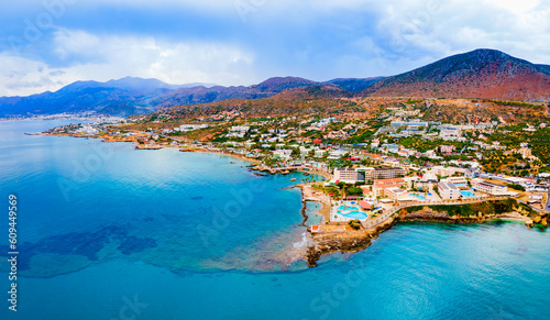 Hersonissos town aerial panoramic view in Crete, Greece