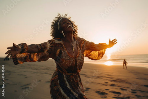 Generative AI illustration of portrait of a happy Older hippie black woman dancing on beach with sunset light