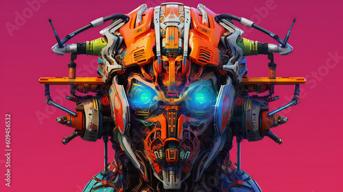 Cyberpunk battle mech head bright colors intricate