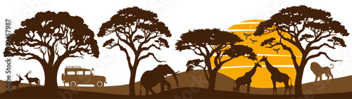 Africa Safari Savanna landscape background banner panorama for logo - Brown silhouette of wild animals, trees, vehicle and sun, isolated on white background (Generative Ai)