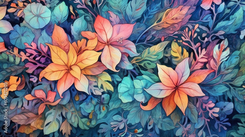 Background of leaves and flowers in watercolor. IA generative.