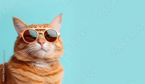portrait of a ginger cat with sunglasses blue background generative ai