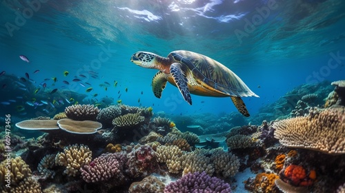 Sea Turtle Gliding Through the Great Barrier Reef