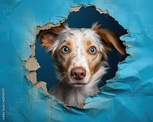 The head of dog through a hole on a torn paper background. Horizontal studio image, copy space. Concept of spy, curiosity and snoop