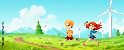 Little girl and boy are running in front of windmills. Renewable energies and sustainable resources - wind mills. children playing cartoon.Generative ai.
