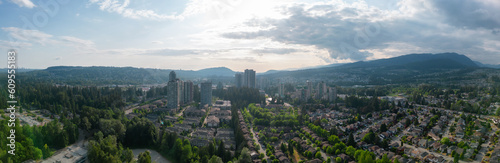 Aerial Panoramic View of Coquitlam Town Centre and Residential Homes