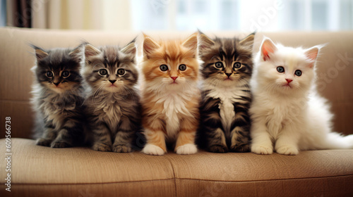 Five adorable colorful kittens on the couch