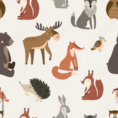 Forest seamless pattern with cute animals - hedgehog, fox, hare, bear, owl, elk. Vector illustration