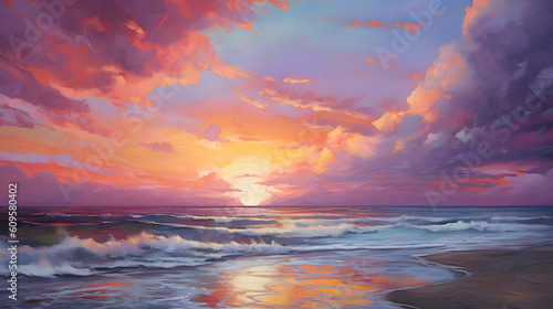A vibrant beach sunset with shades of orange, pink, and purple painting the sky created with Generative AI technology