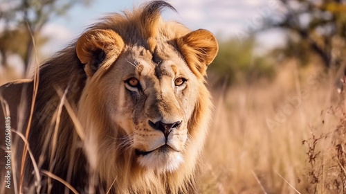 Big lion on savannah grass. AI Generative Image