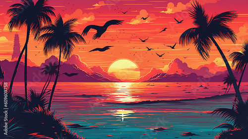 Palm beach synthwave sunset skyline birds retro 80s. 