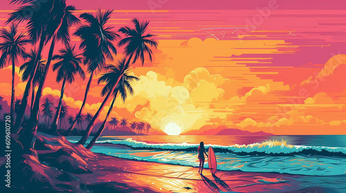 Tropical beach landscape with surfing girl and palms. 