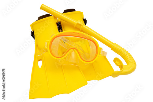 Yellow diving equipment, mask snorkel and flippers isolated on transparent background. PNG