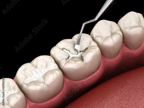Decayed tooth restoration with composite filling. Dental 3D illustration