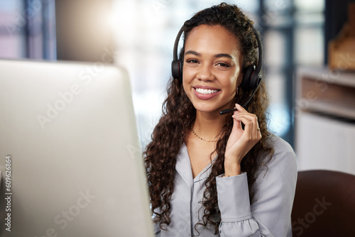 Portrait, telemarketing and woman with customer service, call center and headphones with happiness. Face, female person and happy agent with tech support, computer and consultant with advice and help