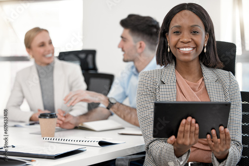 Portrait, business accountant and black woman with tablet in corporate office meeting. Face, technology and happy African female entrepreneur, professional auditor and success mindset for leadership.