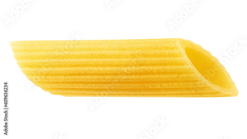 raw Penne Rigate, uncooked Italian Pasta, isolated on white background, full depth of field