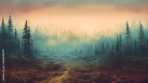  Misty Landscape with Fir Forest in Hipster Vintage Retro
