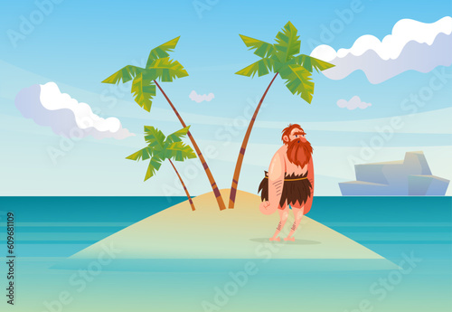 Man on island deset concept. Vector graphic design illustration