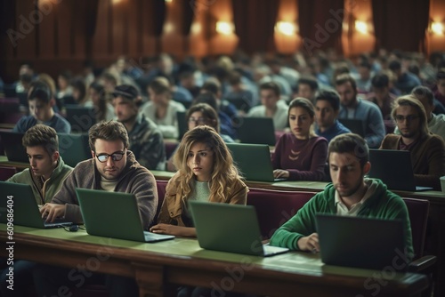 Class Of University Students Using Laptops In Lecture. Smart Young People Study at the College. Generative AI