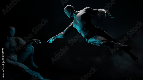 creation of Adam in 3d, the creator and the creation, mystical figures touch each other with a finger. 3d simulation