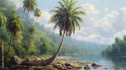 Illustration of a palm tree on an island with delightful coconuts on a sunny day, a symbol of tropical paradise. Generative AI