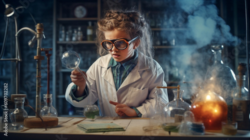 The girl wearing a lab coat and safety goggles, conducting a chemistry experiment in a well-equipped laboratory Generative AI