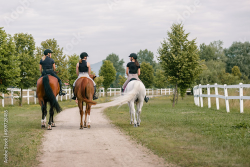 Horsewomen riding beautiful horses along the trail at the equestrian center on a bright summer day. Horse gait walks concept.