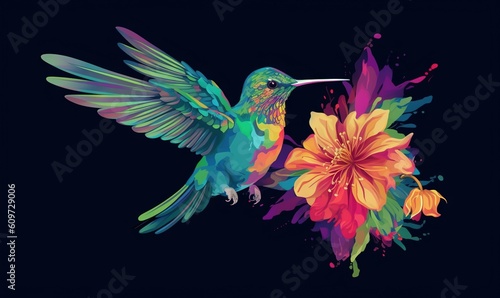  a colorful hummingbird with a flower in the foreground and a black background with a blue sky in the back ground and a black background with a blue sky. generative ai
