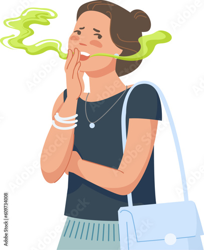 Woman bad breathing. Teenager asian girl with disgusted breath from mouth, bacteria halitosis disease or dental tooth trouble, smelly odor stink in conversation vector illustration