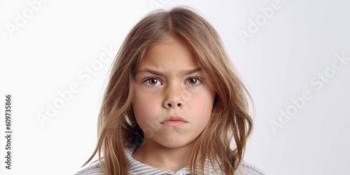 Studio portrait of unhappy young girl, close up with white background, Generative AI