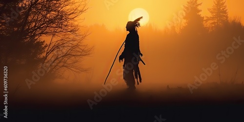 AI Generated. AI Generative. Native american indian western chief apache warrior in the fog mist cinematic shot. Graphic Art