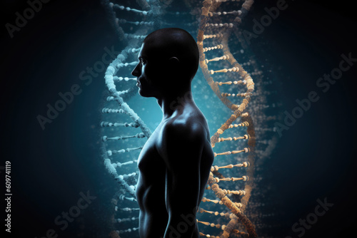 Human body silhouette and DNA helix. Biotechnologies and human genomic code concept. Created with Generative AI