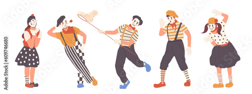 Set of cartoon man and woman mimes or clowns people character in costume and hat with face mask