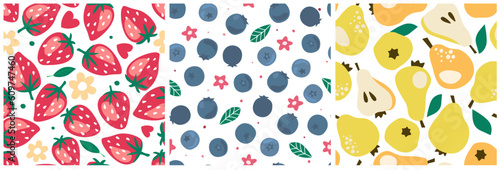 Set of seamless summer natural pattern with fruits pears, blueberries, strawberries. Vector graphics.