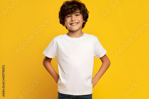 Male child, boy wearing bella canvas white shirt mockup, at yellow background. Design tshirt template, print presentation mock-up. AI generated.