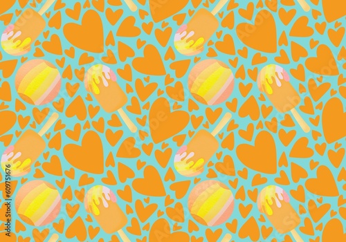 Cartoon summer rainbow seamless ice cream and hearts and ball pattern for wrapping paper and fabrics