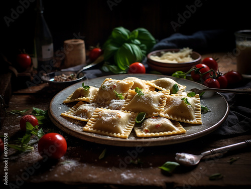 ravioli italiani fatti a mano con basilico, piatto pronto per essere cotto, creato con ai