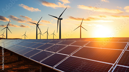 Solar farm with panels and wind turbines against a beautiful sunset sky background. The concept of energy crisis and eco-friendly renewable electricity energy. Banner with copy space