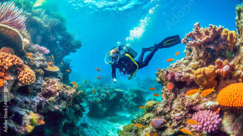 Scuba diving in tropical ocean coral reef sea under water, scuba diver, diver, swim, caribbean, fiji, maldives, snorkel, marine life, aquatic, aqua blue, dive, trave. Generative AI