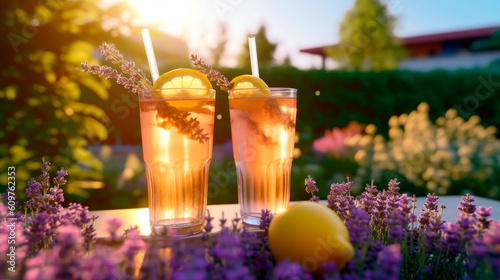 Two glasses of lemonade and lavender flowers in the garden, golden hour, sunset. Generative AI
