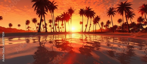 Palm trees on sand during the sunset. Paradise beach panorama.