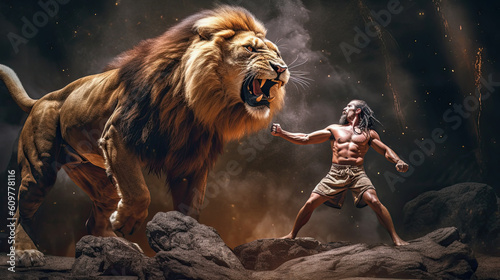 Illustration about the myth of Hercules and the Nemean lion - AI generated image.
