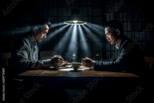 Asian investigators in an interrogation room at work. AI generated, human enhanced